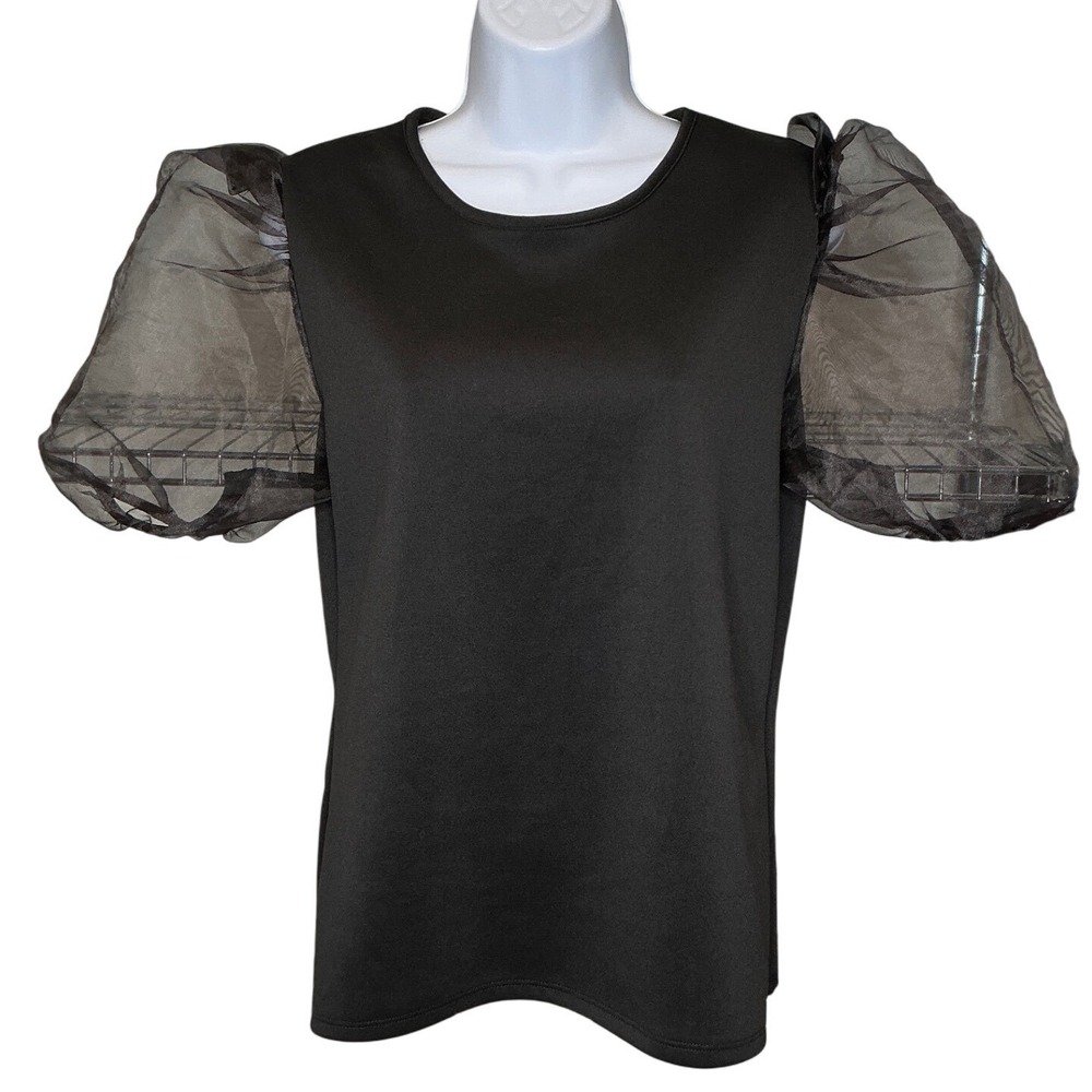 Kaktus Black Sheer Mesh Puff Sleeve Top M Crew Neck Romantic Goth Statement Chic
